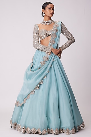 Powder Blue Organza Mirror Hand Embroidered Lehenga Set by Vvani By Vani Vats