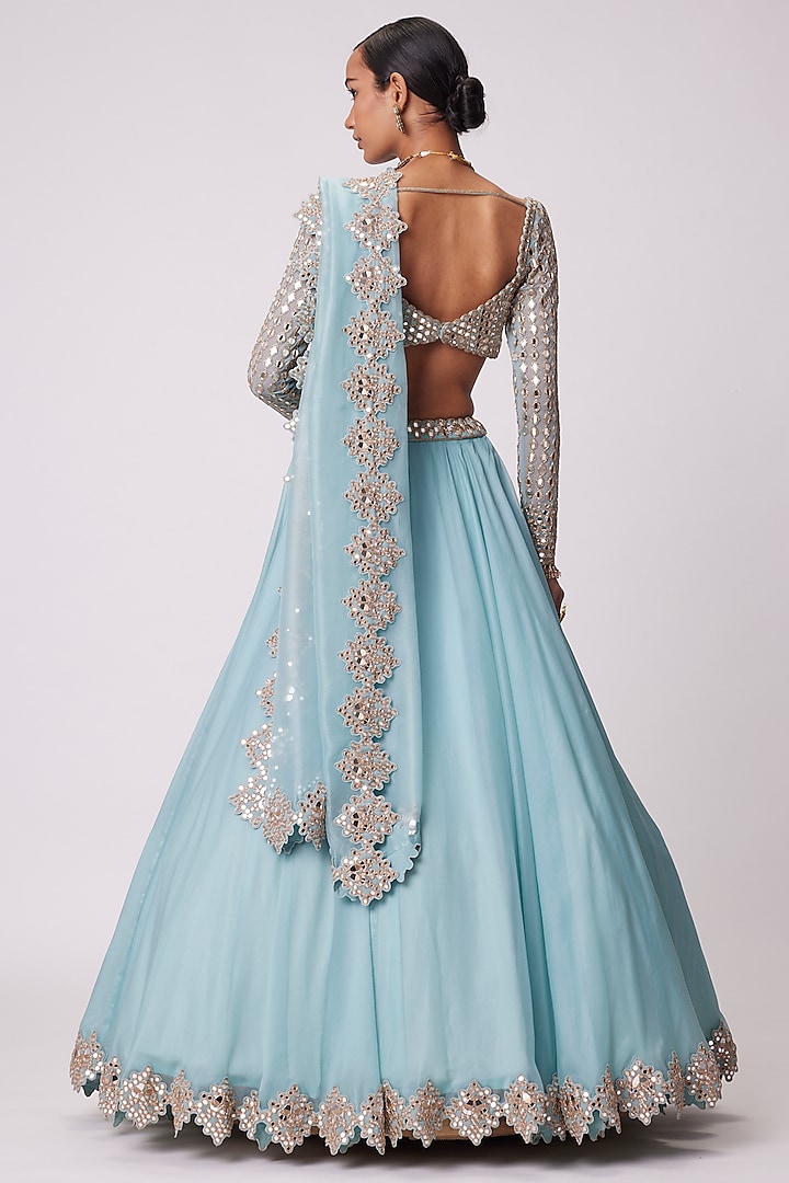Powder Blue Organza Mirror Hand Embroidered Wedding Lehenga Set by Vvani By Vani Vats at Pernia's Pop Up Shop
