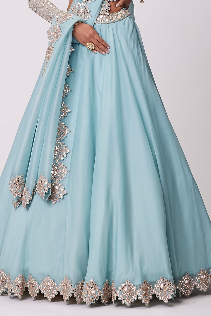 Powder Blue Organza Mirror Hand Embroidered Wedding Lehenga Set by Vvani By Vani Vats at Pernia's Pop Up Shop