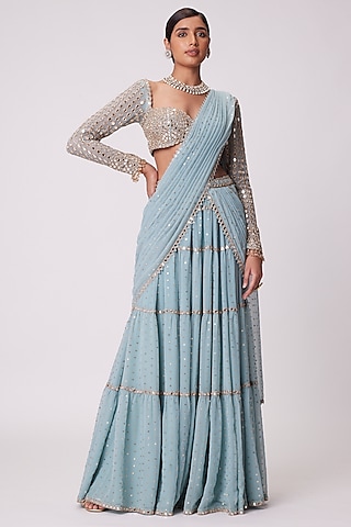 Powder Blue Georgette Mirror Hand Embroidered Tiered Saree Set by Vvani By Vani Vats