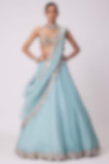 Powder Blue Organza Mirror Hand Embroidered Wedding Lehenga Set by Vvani By Vani Vats at Pernia's Pop Up Shop