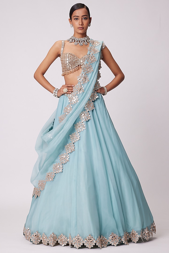 Powder Blue Organza Mirror Hand Embroidered Wedding Lehenga Set by Vvani By Vani Vats at Pernia's Pop Up Shop