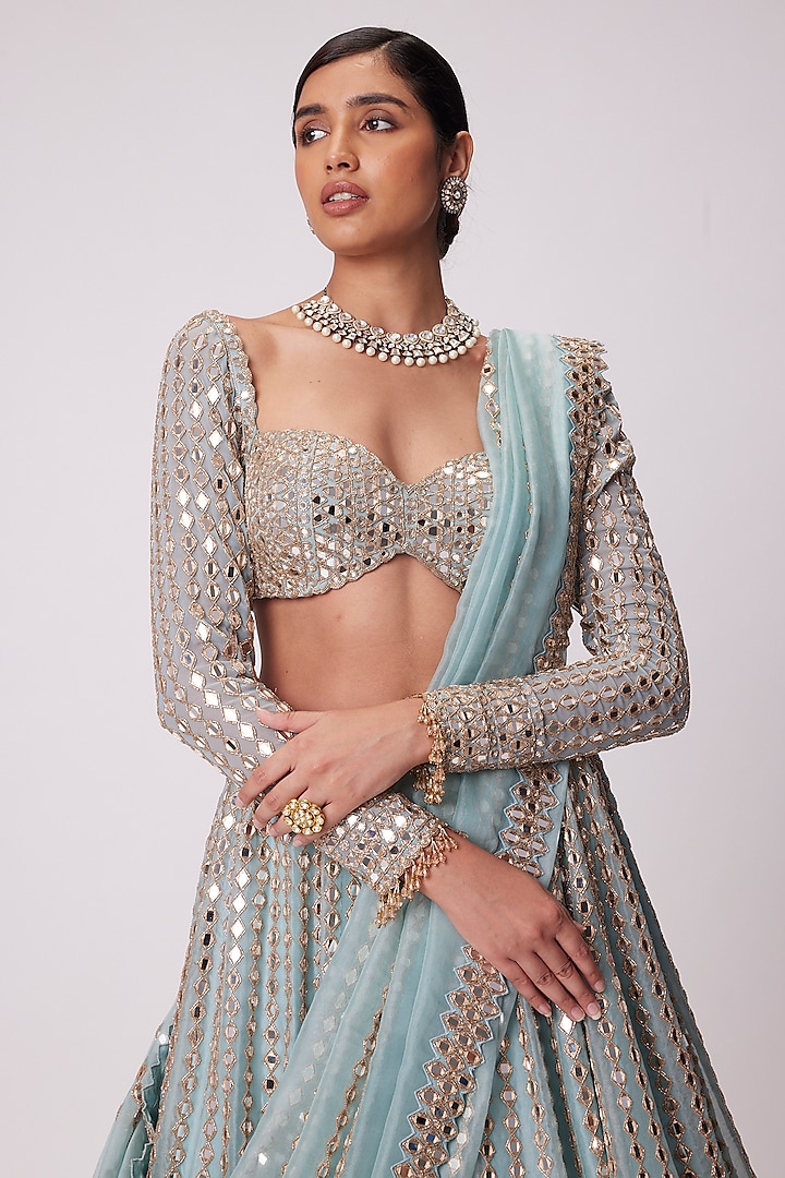 Powder Blue Organza Linear Embroidered Bridal Lehenga Set by Vvani By Vani Vats at Pernia's Pop Up Shop