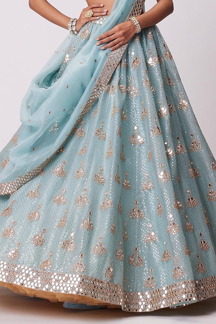 Powder Blue Organza Sequins Embroidered Bridal Lehenga Set by Vvani By Vani Vats at Pernia's Pop Up Shop