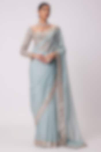 Powder Blue Georgette Sequins Hand Embroidered Reception Saree Set by Vvani By Vani Vats at Pernia's Pop Up Shop