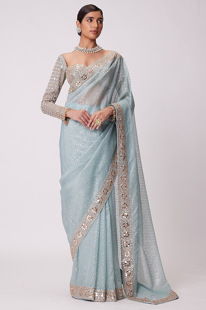Powder Blue Georgette Sequins Hand Embroidered Reception Saree Set by Vvani By Vani Vats at Pernia's Pop Up Shop