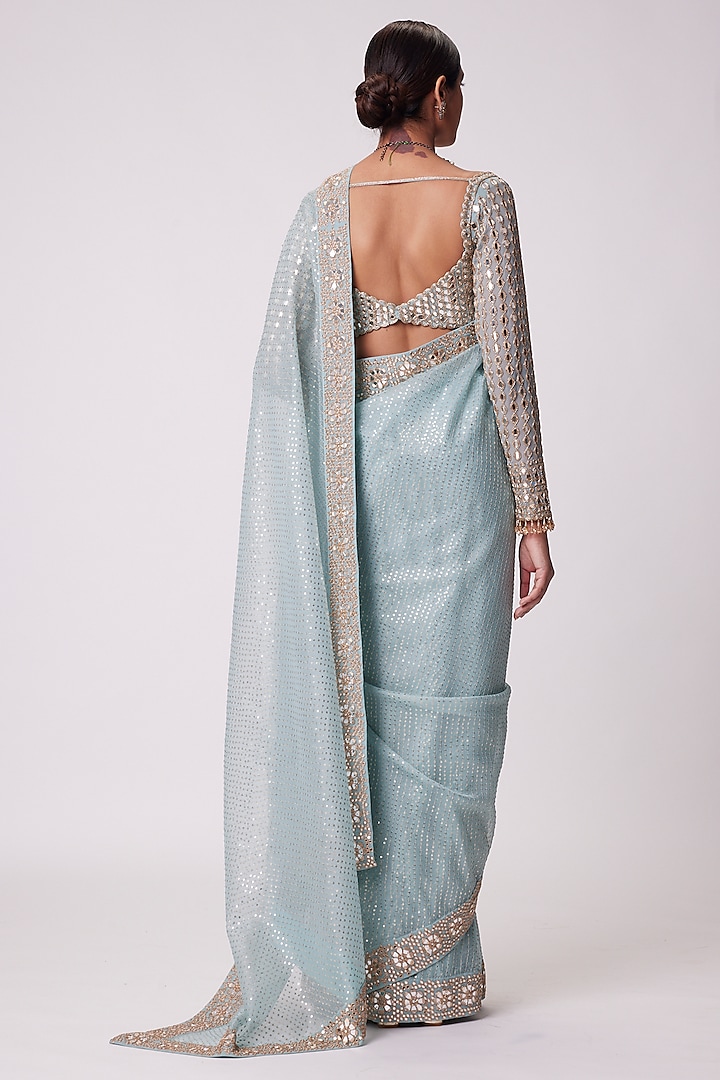 Powder Blue Georgette Sequins Hand Embroidered Reception Saree Set by Vvani By Vani Vats at Pernia's Pop Up Shop