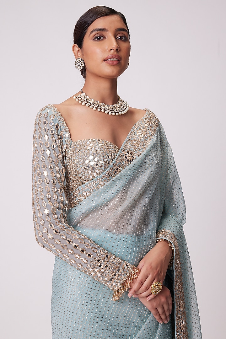 Powder Blue Georgette Sequins Hand Embroidered Reception Saree Set by Vvani By Vani Vats at Pernia's Pop Up Shop