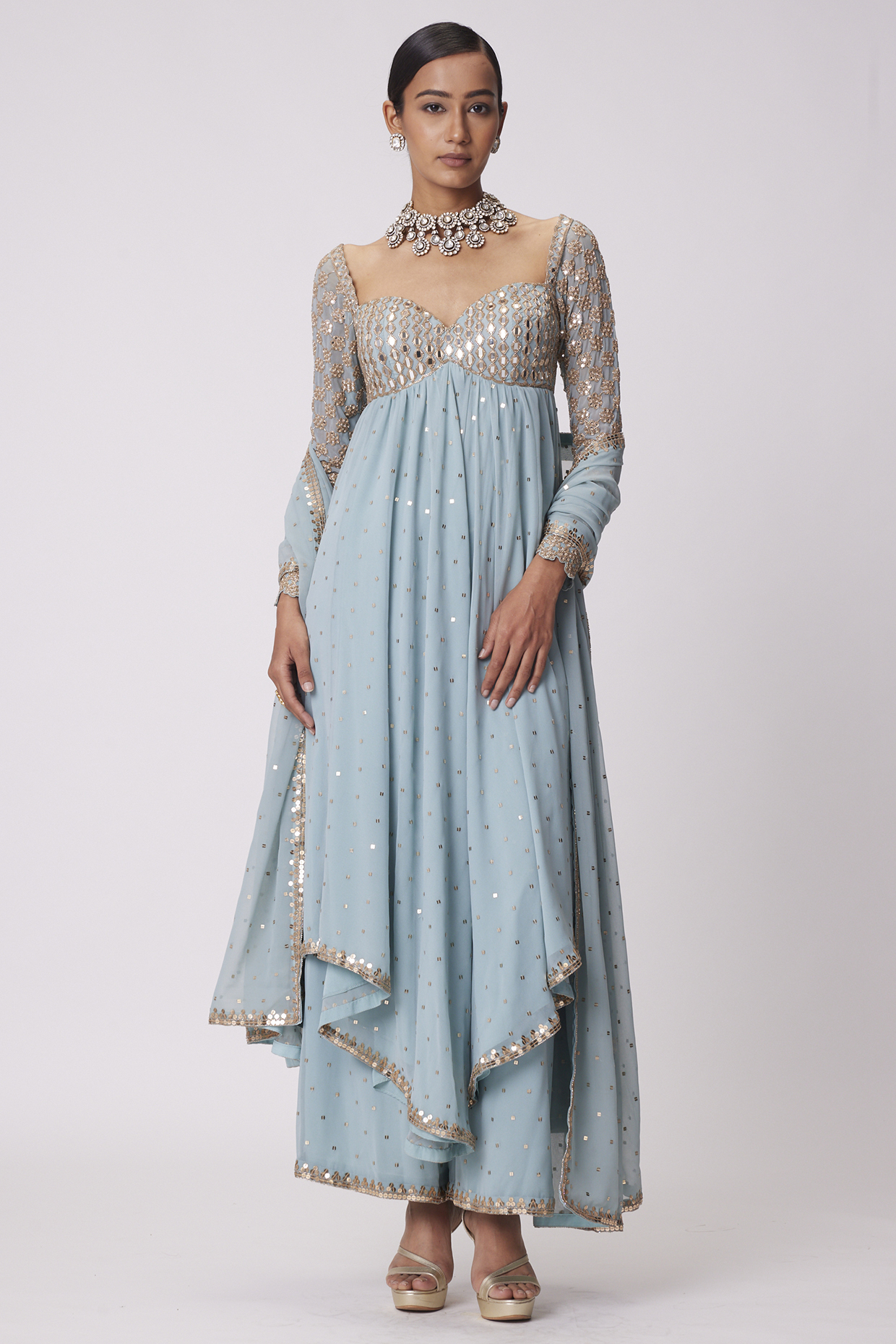 Powder Blue Georgette Hand Embroidered Kurta Set by Vvani By Vani Vats at Pernia's Pop Up Shop