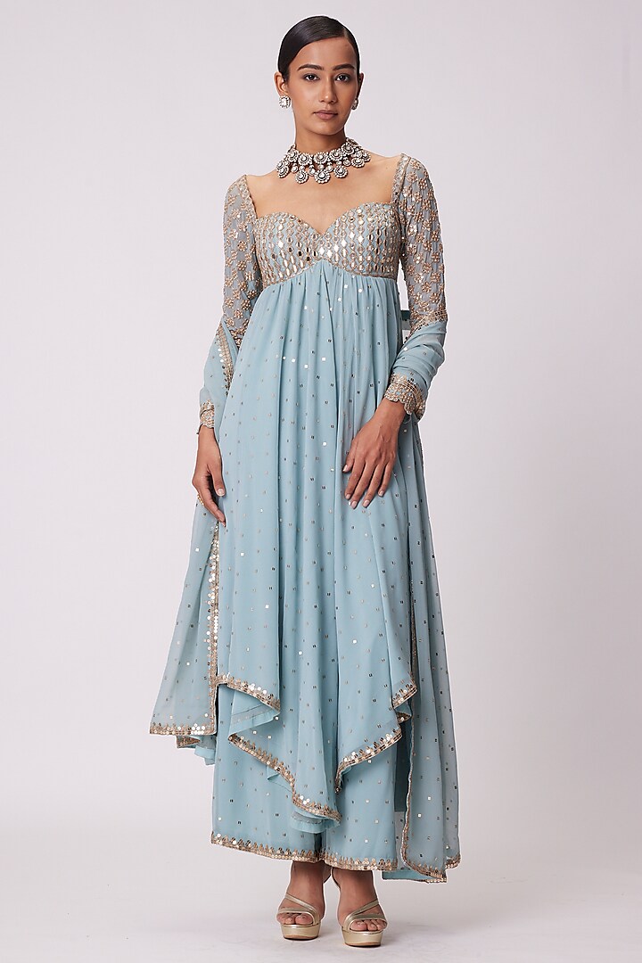 Powder Blue Georgette Hand Embroidered Kurta Set by Vvani By Vani Vats at Pernia's Pop Up Shop