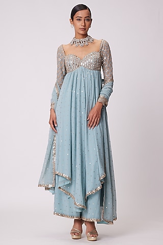 Powder Blue Georgette Hand Embroidered Kurta Set by Vvani By Vani Vats