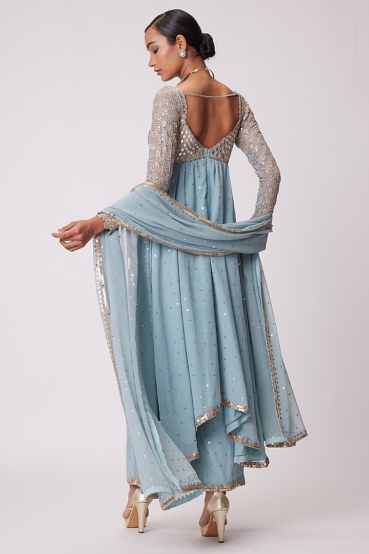 Powder Blue Georgette Hand Embroidered Kurta Set by Vvani By Vani Vats at Pernia's Pop Up Shop