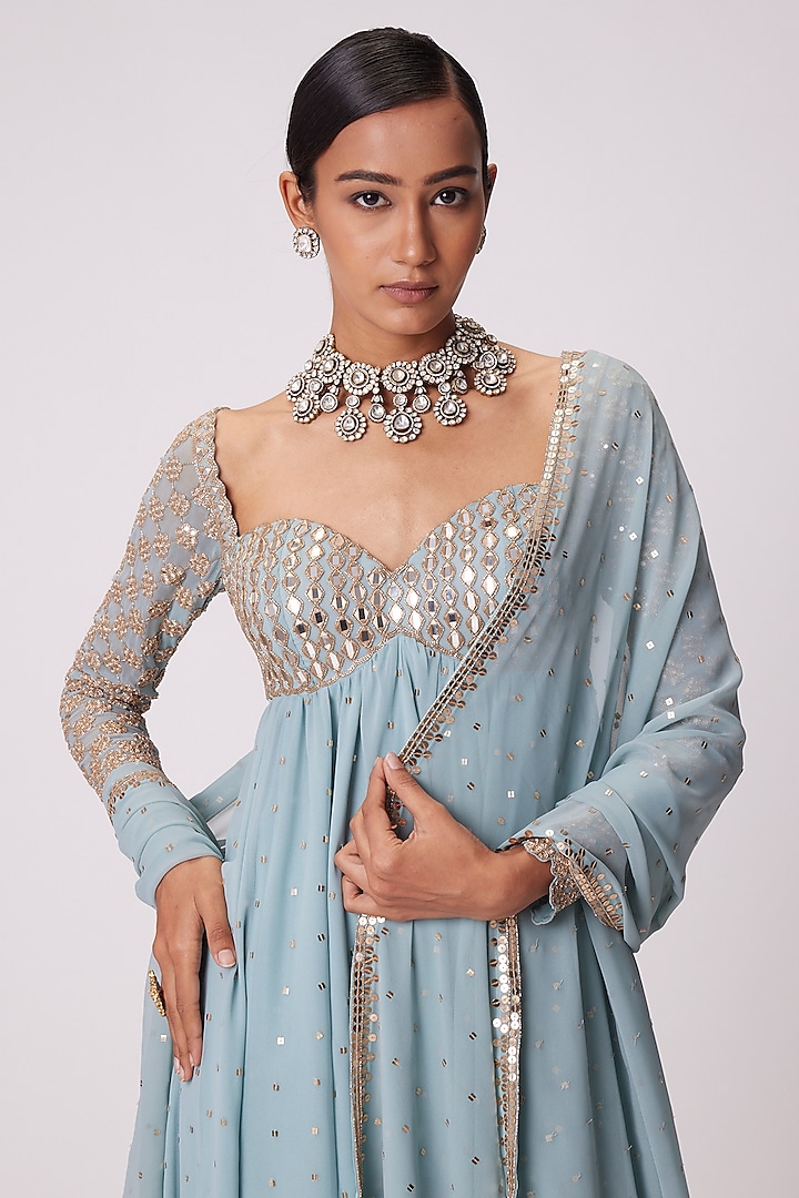Powder Blue Georgette Hand Embroidered Kurta Set by Vvani By Vani Vats at Pernia's Pop Up Shop