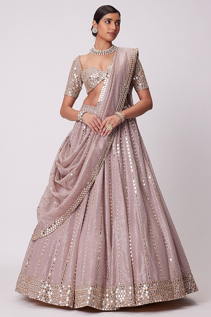 Ash Pink Organza Sequins Embroidered Bridal Lehenga Set by Vvani By Vani Vats at Pernia's Pop Up Shop