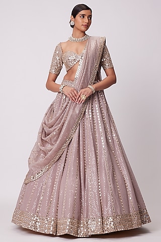 Ash Pink Organza Sequins Embroidered Lehenga Set by Vvani By Vani Vats