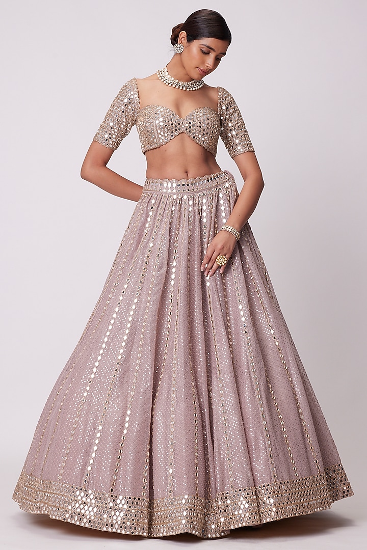 Ash Pink Organza Sequins Embroidered Bridal Lehenga Set by Vvani By Vani Vats at Pernia's Pop Up Shop