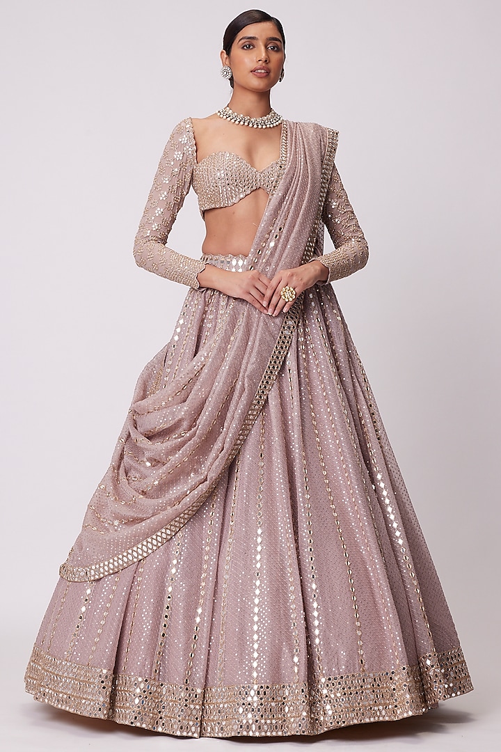 Ash Pink Organza Sequins Embroidered Bridal Lehenga Set by Vvani By Vani Vats at Pernia's Pop Up Shop