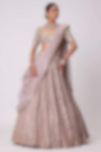 Ash Pink Organza Floral Embroidered Bridal Lehenga Set by Vvani By Vani Vats at Pernia's Pop Up Shop