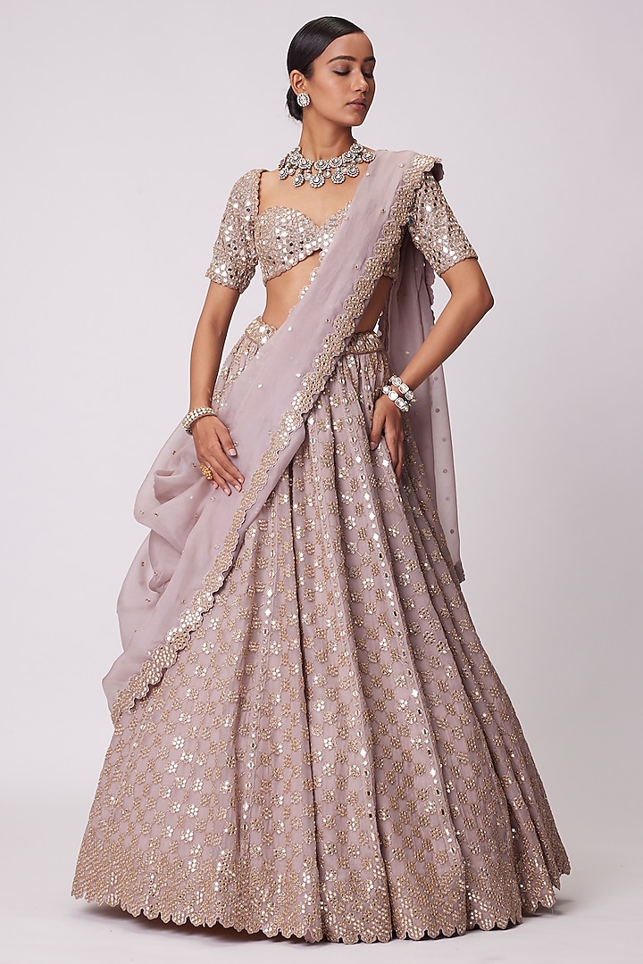 Ash Pink Organza Floral Embroidered Bridal Lehenga Set by Vvani By Vani Vats at Pernia's Pop Up Shop