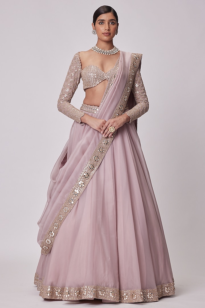 Ash Pink Organza Wedding Lehenga Set by Vvani By Vani Vats at Pernia's Pop Up Shop