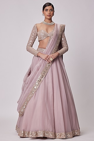 Ash Pink Organza Lehenga Set by Vvani By Vani Vats