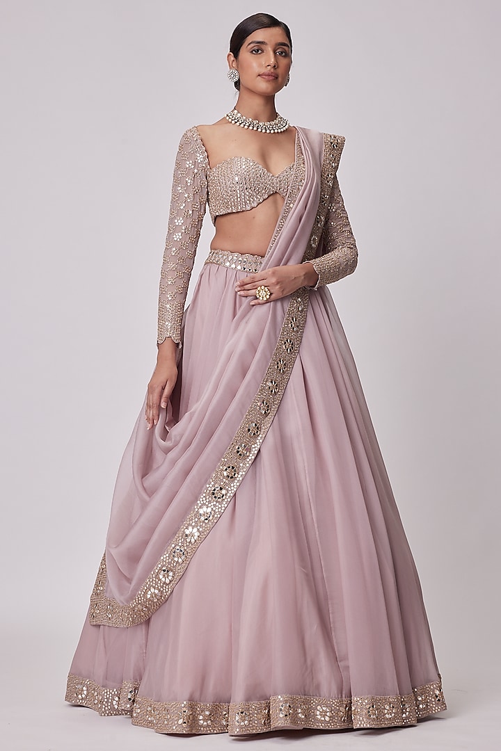 Ash Pink Organza Wedding Lehenga Set by Vvani By Vani Vats at Pernia's Pop Up Shop