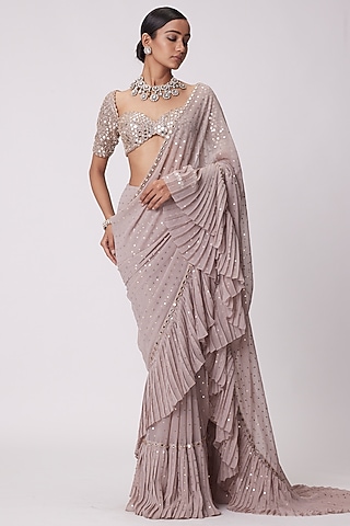 Ash Pink Georgette Frilled Saree Set by Vvani By Vani Vats