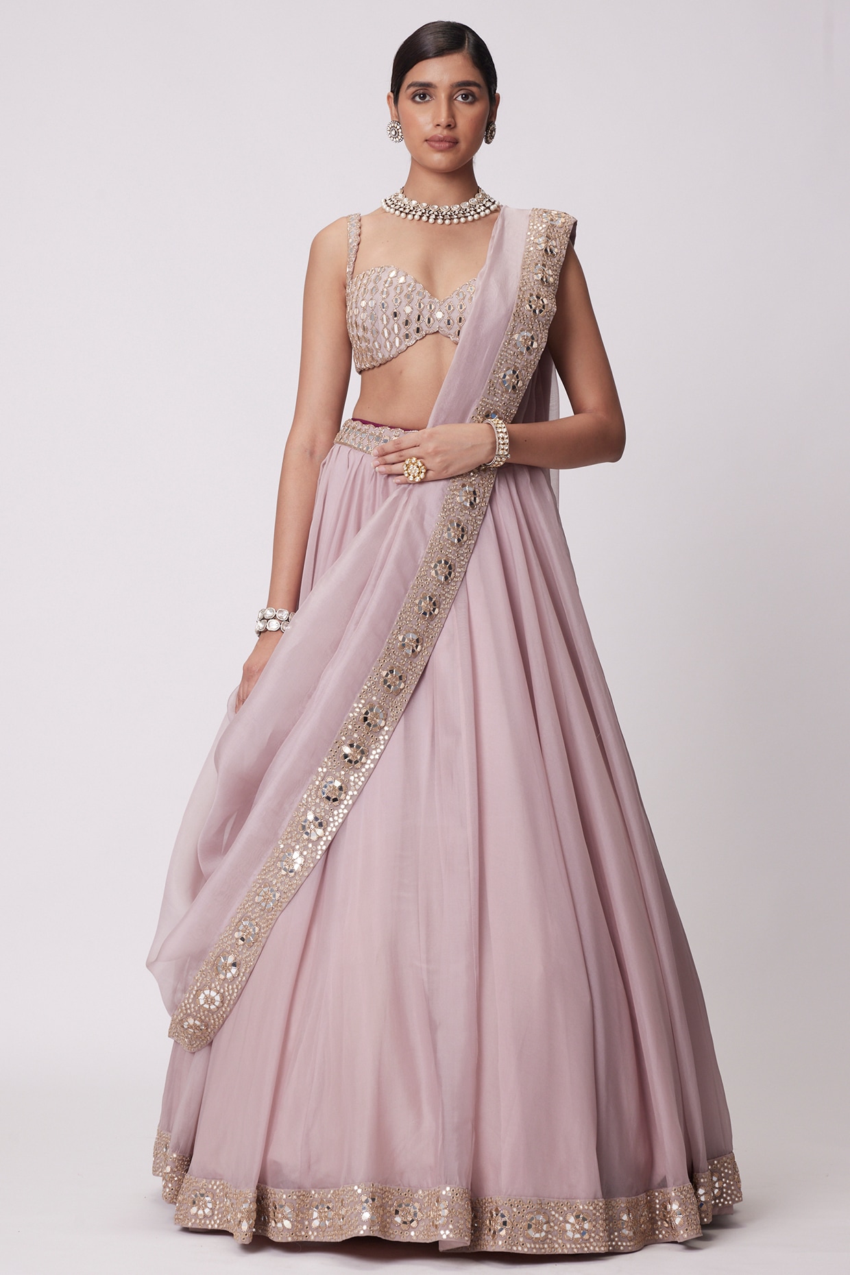 Vvani By Vani Vats Ash Pink Organza Mirror Embroidered Lehenga Set