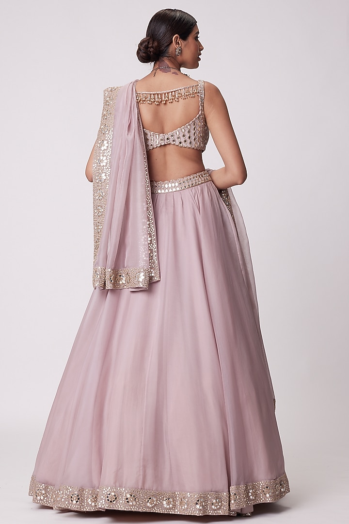 Ash Pink Organza Mirror Embroidered Wedding Lehenga Set by Vvani By Vani Vats at Pernia's Pop Up Shop