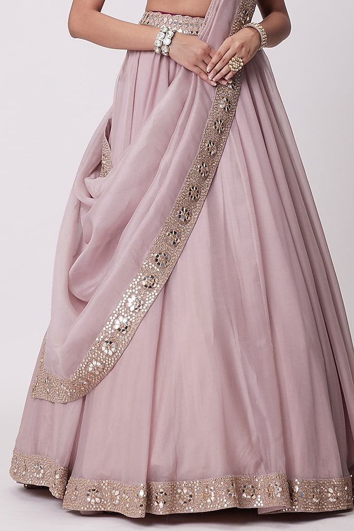 Ash Pink Organza Mirror Embroidered Wedding Lehenga Set by Vvani By Vani Vats at Pernia's Pop Up Shop