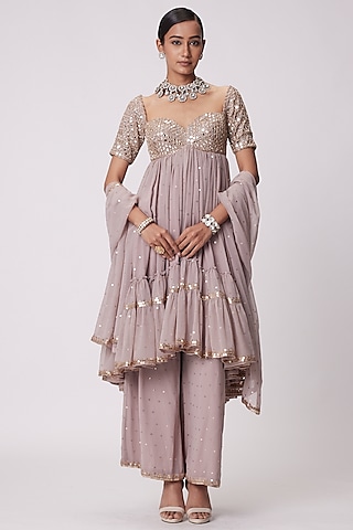 Ash Pink Georgette Hand Embroidered Kurta Set by Vvani By Vani Vats