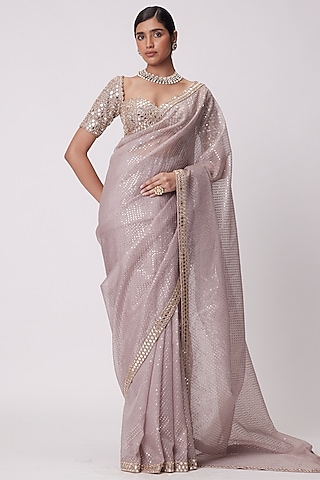 Ash Pink Organza Saree Set by Vvani By Vani Vats