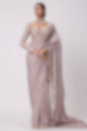 Ash Pink Organza Reception Saree Set by Vvani By Vani Vats at Pernia's Pop Up Shop