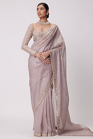 Ash Pink Organza Saree Set by Vvani By Vani Vats
