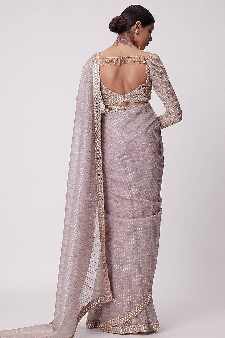 Ash Pink Organza Reception Saree Set by Vvani By Vani Vats at Pernia's Pop Up Shop
