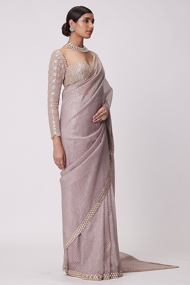 Ash Pink Organza Reception Saree Set by Vvani By Vani Vats at Pernia's Pop Up Shop