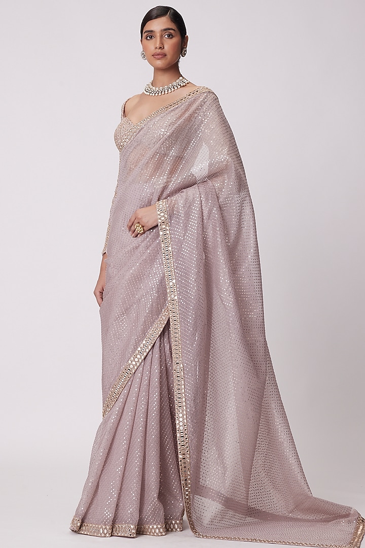 Ash Pink Organza Reception Saree Set by Vvani By Vani Vats at Pernia's Pop Up Shop