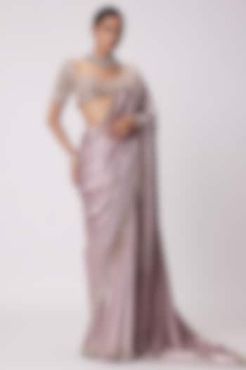 Ash Pink Satin Wedding Saree Set by Vvani By Vani Vats at Pernia's Pop Up Shop