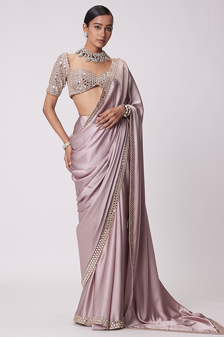 Ash Pink Satin Wedding Saree Set by Vvani By Vani Vats at Pernia's Pop Up Shop