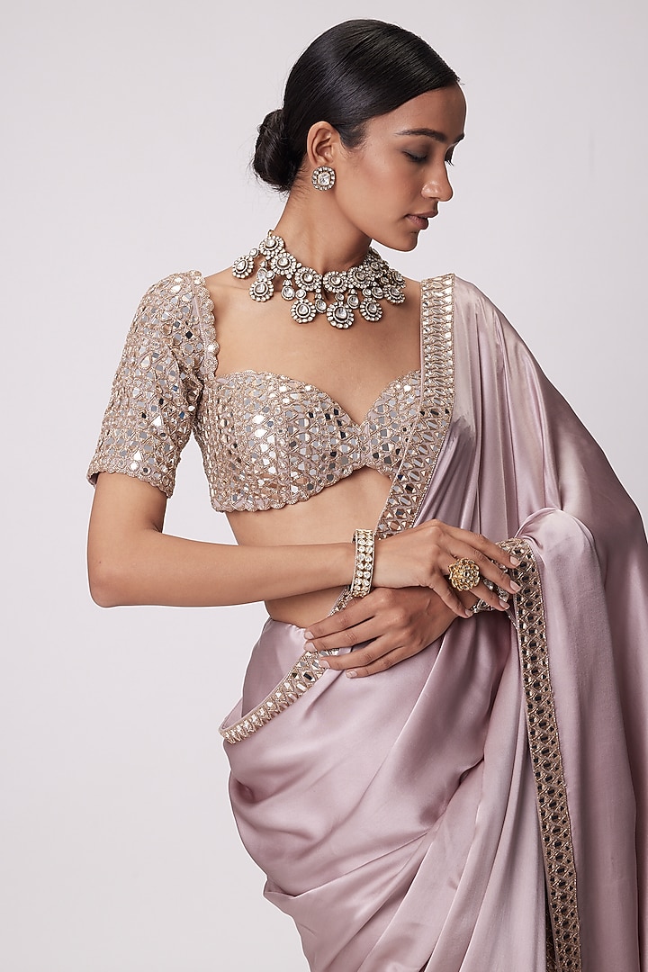 Ash Pink Satin Wedding Saree Set by Vvani By Vani Vats at Pernia's Pop Up Shop