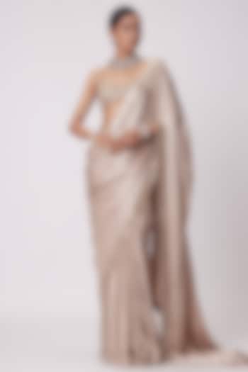 Beige Satin Wedding Saree Set by Vvani By Vani Vats at Pernia's Pop Up Shop