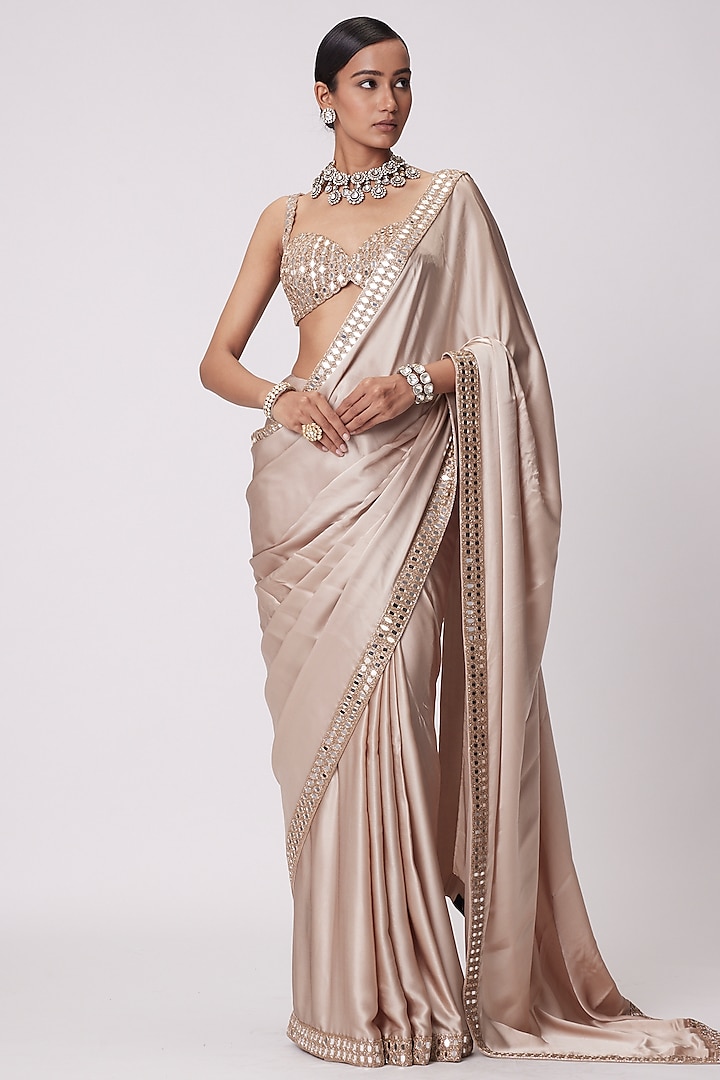Beige Satin Wedding Saree Set by Vvani By Vani Vats at Pernia's Pop Up Shop