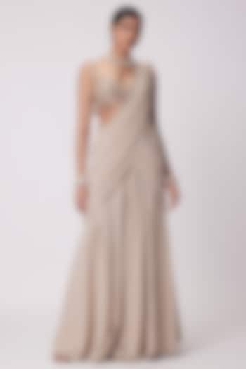 Beige Georgette Pre-Draped Wedding Saree Set by Vvani By Vani Vats at Pernia's Pop Up Shop