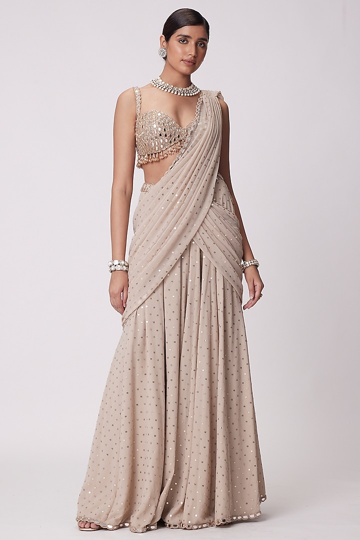 Beige Georgette Pre-Draped Wedding Saree Set by Vvani By Vani Vats at Pernia's Pop Up Shop