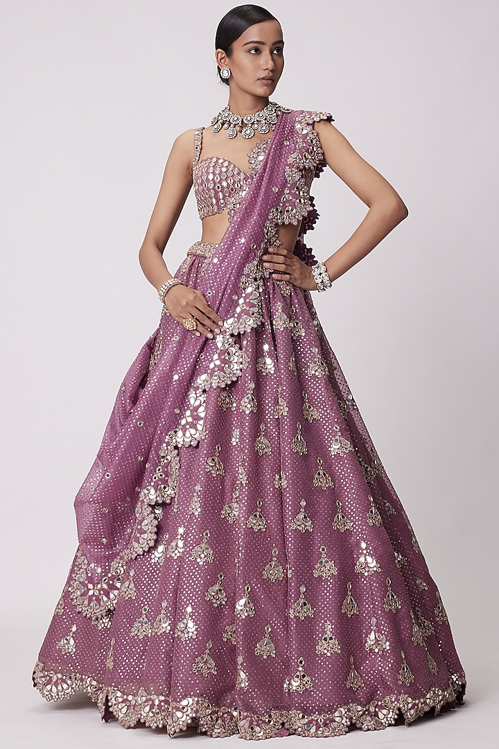 Mud Mauve Organza Sequins Embroidered Bridal Lehenga Set by Vvani by Vani Vats at Pernia's Pop Up Shop