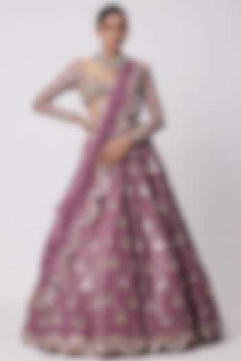 Mud Mauve Organza Sequins & Floral Embroidered Bridal Lehenga Set by Vvani by Vani Vats at Pernia's Pop Up Shop