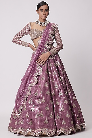 Mud Mauve Organza Sequins & Floral Embroidered Lehenga Set by Vvani by Vani Vats