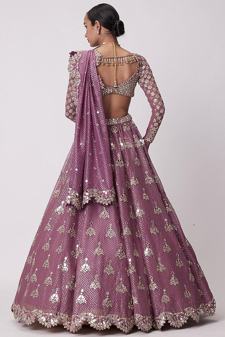 Mud Mauve Organza Sequins & Floral Embroidered Bridal Lehenga Set by Vvani by Vani Vats at Pernia's Pop Up Shop