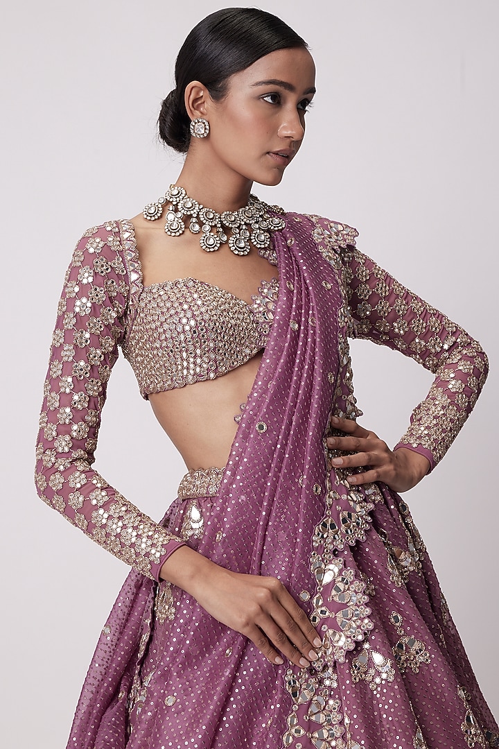 Mud Mauve Organza Sequins & Floral Embroidered Bridal Lehenga Set by Vvani by Vani Vats at Pernia's Pop Up Shop