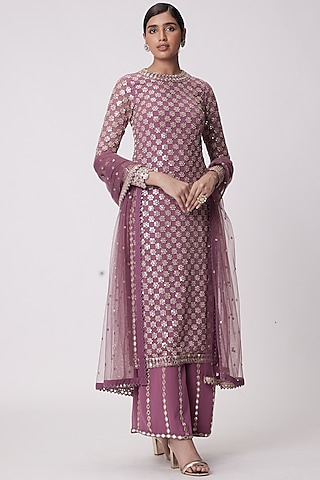 Mud Mauve Georgette Hand Embroidered Kurta Set by Vvani by Vani Vats